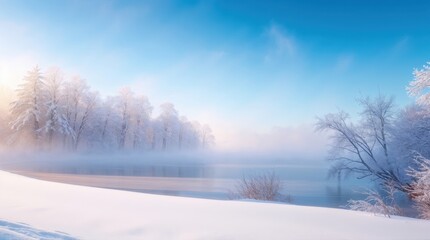 Obraz premium winter landscape of frozen lake and blue sky
