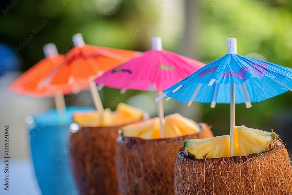 Poster refreshing coconut and pineapple drinks served with colorful paper umbrellas.