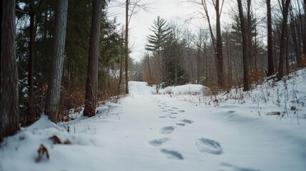 Fototapeta premium A serene snowy path through a tranquil forest, marked by footprints, leads into the peaceful embrace of winter solitude.