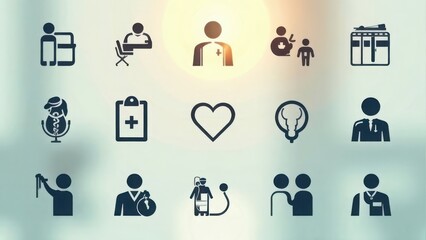 Fototapeta premium A collection of medical icons: hospital, pharmacy, medical consultation, pharmacist symbols, minimalist design on a white background