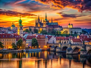 Obraz premium Prague Skyline Panorama: City of a Hundred Spires at Golden Hour