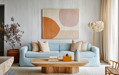 Fototapeta premium Bright Scandinavian-inspired interior with a light blue linen sofa, a natural wood coffee table, and geometric wall art, bathed in soft daylight