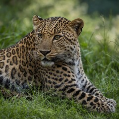 Fototapeta premium A leopard lying on a grassy rock, its full body in focus and surrounded by a green blurred background.
