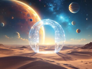 a desert landscape, digital art, futuristic design, glowing arch, geometric structure