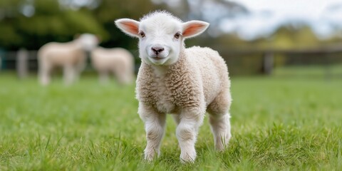 A cosy portrait of a fluffy lamb standing in a grassy field, its wool catching the soft, diffused light of an overcast day
