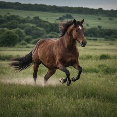 Obraz premium A horse galloping in an open field, its mane flowing and the green landscape softly blurred behind it.