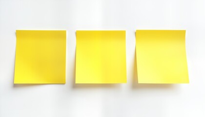 Fototapeta premium Three yellow sticky notes on white background. Blank sticky notes. Simple office supplies. Planning or reminder concept. Organization tools. Reminder notes.
