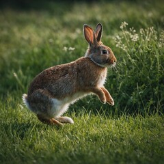 A rabbit hopping through a meadow, its side profile clearly visible with a lush green blur.