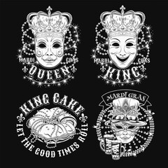 Carnival Mardi Gras labels with masquerade masks, crown, festive food king cake, beer, beads, glossy text. Monochrome illustrations on black background. For prints, clothing, t shirt, holiday design