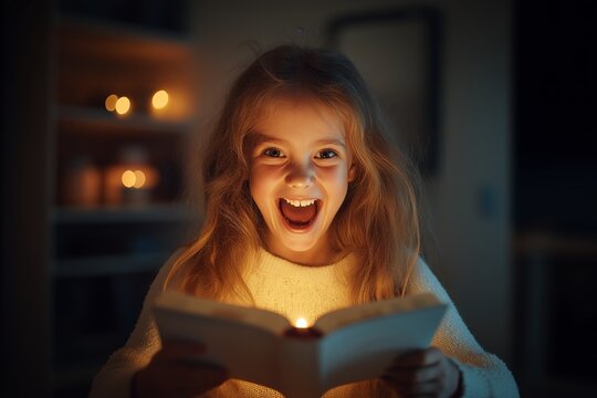 A joyful child embraces a book during a cozy evening, perfect for a book club meeting. Celebrate creativity this World Book Day with inspiration and laughter! - Powered by Adobe