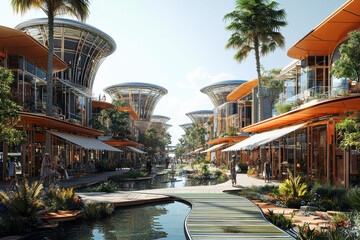 Innovative shopping district designed with clean energy and adaptive architecture for a vibrant consumer experience