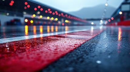 Rainy racetrack, pit lane, night race, bokeh, motorsport
