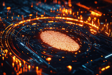 Close-up view of a biometric scanner analyzing a fingerprint with glowing details and futuristic visuals in a secure environment