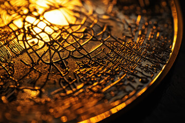 Close-up view of reflective Bitcoin coin showcasing detailed design and light interaction