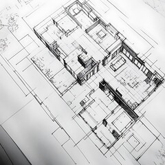 Fototapeta premium Architectural workspace featuring illuminated drafting desk with detailed building plans image