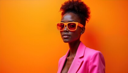 African woman poses stylishly in professional fashion photoshoot. Wears neon orange sunglasses, vibrant pink blazer against solid orange background. High-resolution image minimalist style. Modern