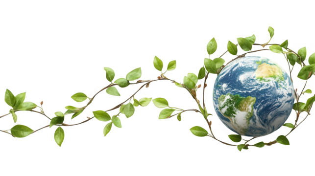 Earth Day PNG file, Earth wrapped in a vine plant, symbolizing nature's embrace and environmental care, isolated on white