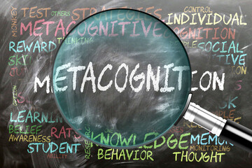 Metacognition being studied, examined - under close inspection. Most important subjects and ideas closely related to metacognition. ,3d illustration