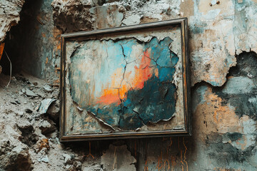Close-up of a decayed painting revealing haunting colors and cracks, set against a crumbling wall in an abandoned space