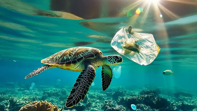 Turtle swimming plastic bag sunlit water.Sea navigating ocean pollution.Marine life encountering human waste.Vulnerable interacts debris.Crisis oceanic highlighted.