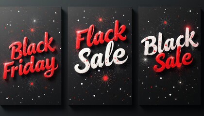 This eye-catching image features three bold banners showcasing the phrases Black Friday and Flack Sale in striking red and white lettering against a dark, starry background. The dynamic design, filled