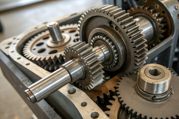 Close-up of interlocking metal gears showcasing intricate machinery in motion, highlighting engineering precision and craftsmanship.