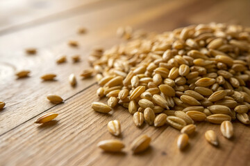 Obraz premium A pile of golden grains scattered on a wooden surface, showcasing the texture and color of wheat seeds.