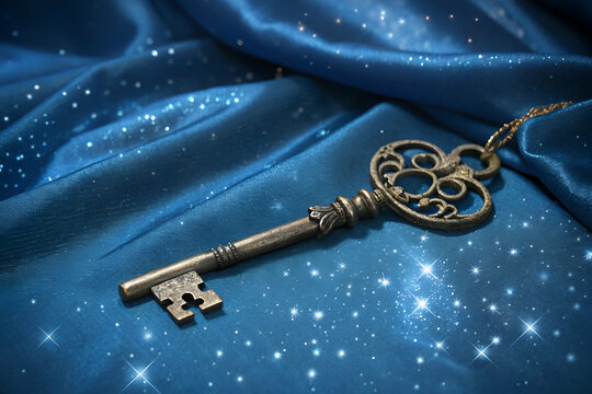 A vintage key rests on a blue, starry fabric, evoking a sense of mystery and enchantment.
