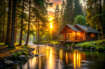 Fototapeta premium A cozy cabin by a tranquil river, surrounded by tall trees, illuminated by a warm sunset glow.