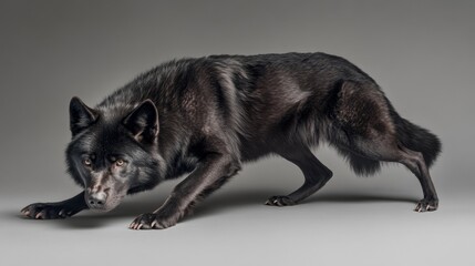 Obraz premium A sleek black wolf prowls gracefully, embodying wild elegance and mystery against a minimalist backdrop, capturing the essence of natural majesty.
