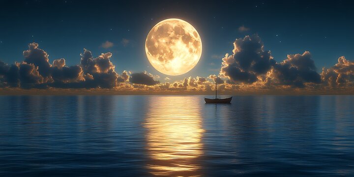 Solitary sailboat at sea under a full moon.