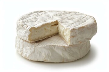 Two camembert cheeses, one whole and one cut, displaying the creamy white interior texture
