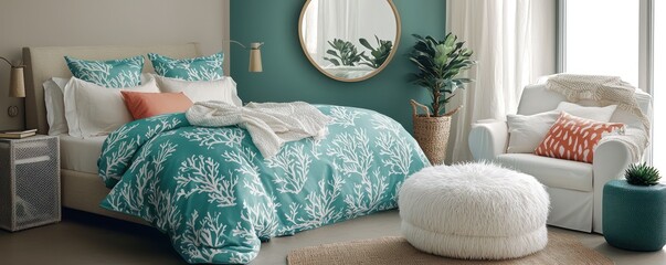 A calming teal and white bedroom featuring coral-patterned bed linen