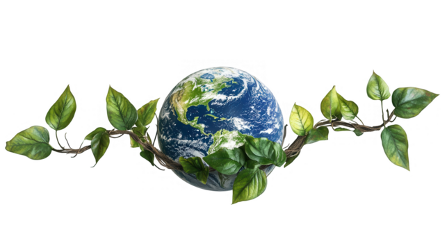 Earth Day PNG file, Earth wrapped in a vine plant, symbolizing nature's embrace and environmental care, isolated on white