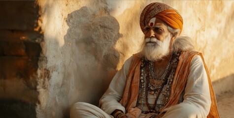 An elderly man wearing traditional attire and accessories, seated against a textured wall, illuminated by soft, warm light