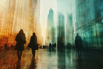 Urban cityscape silhouettes with people walking in a modern metropolis during golden hour light