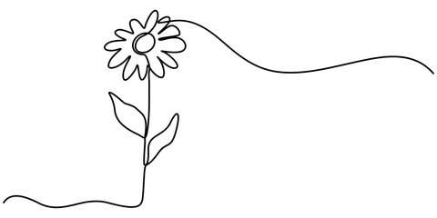 Daisy Continuous Line Icon, Abstract flower in continuous line art drawing style, Abstract collection of flowers and leefs in continuous line art drawing style, Flower set continuous outline style.