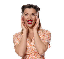 Surprised pin-up woman posing on white background