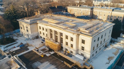 An aerial view of an architectural landmark being renovated with preservation techniques and modern updates, Landmark renovation scene, Historical preservation style