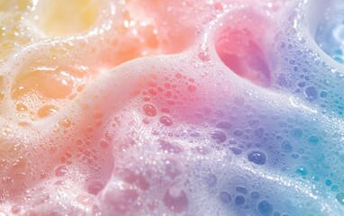 Fototapeta premium High-quality close-up of multicolored soap foam with swirling reflections and delicate translucent edges