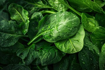 Obraz premium Close up of vibrant green spinach leaves glistening with fresh water droplets, creating a healthy and appetizing background
