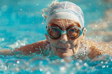 Active lifestyle: elderly woman enjoying a swim with goggles and swim cap