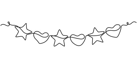 Pink and red heart garland thin line drawing, Hearts bunting continuous line drawing, Valentine's Day Heart Doodle Single Continuous Thin Line Drawing Border, Heart Christmas light. One line garlannd. © line draw