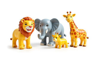 Fototapeta premium Colorful cartoon animals: lion, elephant, giraffe, and baby giraffe
