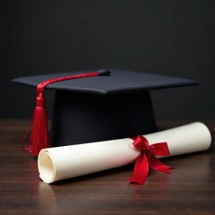 Black doctoral hat & rolled diploma on dark wood , official, celebratory