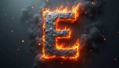 The letter E is dramatically engulfed in vibrant flames, set against a smoky, dark background. This striking image captures the intensity of fire, symbolizing energy and passion, making it perfect for