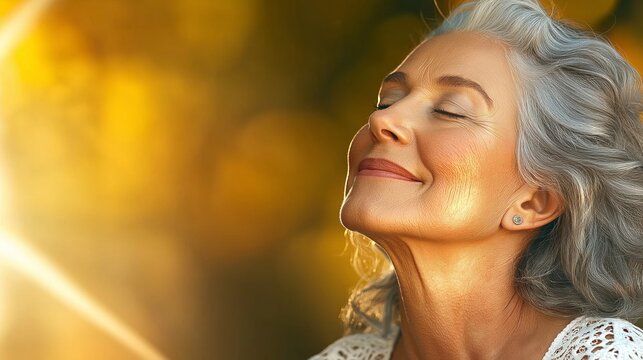A happy middle-aged woman tilts her head toward the sunlight, radiating joy and calmness. Her silver hair and soft smile create a timeless portrait of elegance and warmth