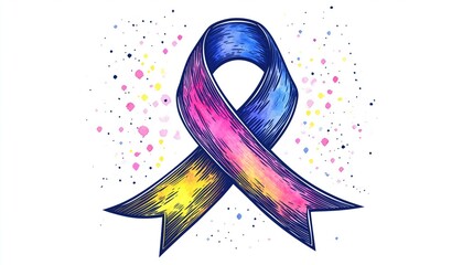 A hand-drawn minimalistic ribbon illustration featuring a gradient of blue, pink, and yellow colors with a splash of watercolor dots in the background