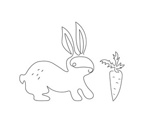  Hare with carrot. Easter bunny drawing, line art. One line drawing. Cute silhouette of a rabbit. Festive spring greeting card design. Isolated background.