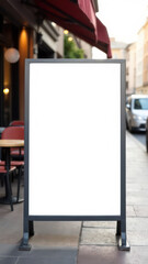 Blank white outdoor advertising stand/sandwich board mockup template. Transparent street sign placed at the outdoor dining area of ​​the restaurant.	
Vertical photo